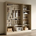 Wooden Workshop Tool Organization System With Mounted Tools And Shelves