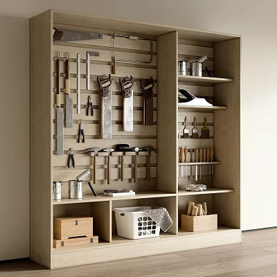 Wooden Workshop Tool Organization System With Mounted Tools And Shelves 3d model