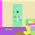 White Cabinet With Shelves In Kids Room Animal Themed Wall With Giraffe And Flamingo