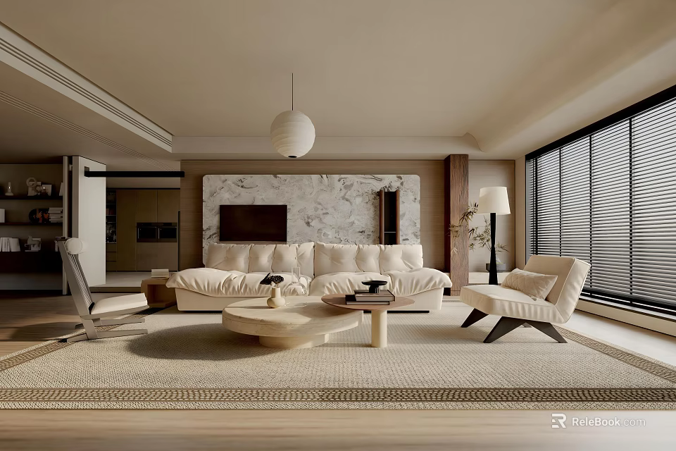 Modern Living Room Interior With Beige Sofa Coffee Table Rug Pendant Light And Marble Wall 3d model 
