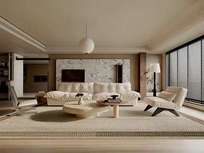 Modern Living Room Interior With Beige Sofa Coffee Table Rug Pendant Light And Marble Wall 3d model