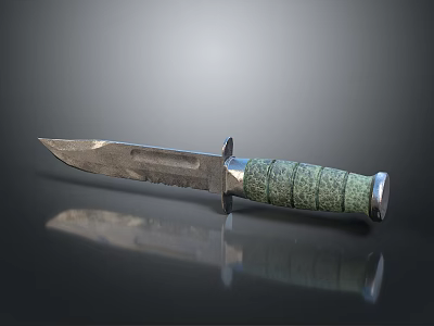 Tactical Combat Dagger With Green Textured Handle And Sharp Metal Blade On Reflective Surface 3d model