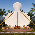 Stylish White Tent Outdoor Setting With Palm Trees Wooden Deck Comfortable Chairs And Fire Pit