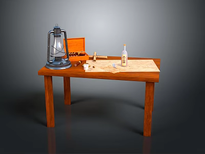 Wooden Table Setup With Kerosene Lamp Open Box Bottle Tools And Papers 3d model