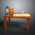 Wooden Table Setup With Kerosene Lamp Open Box Bottle Tools And Papers