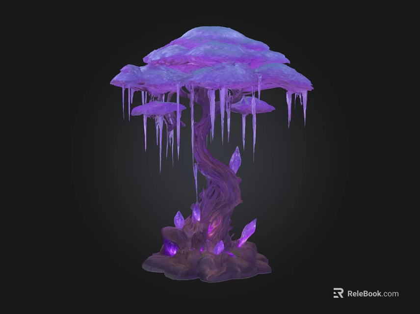 Purple Fantasy Tree With Umbrella Shaped Top Glowing Crystals And Icicles 3d model 