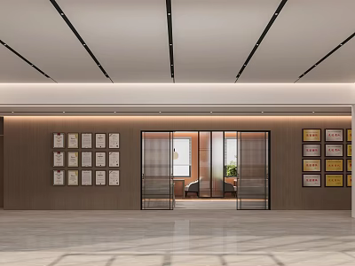 Elegant Modern Service Hall Interior Design With Glass Doors And Display Walls 3d model