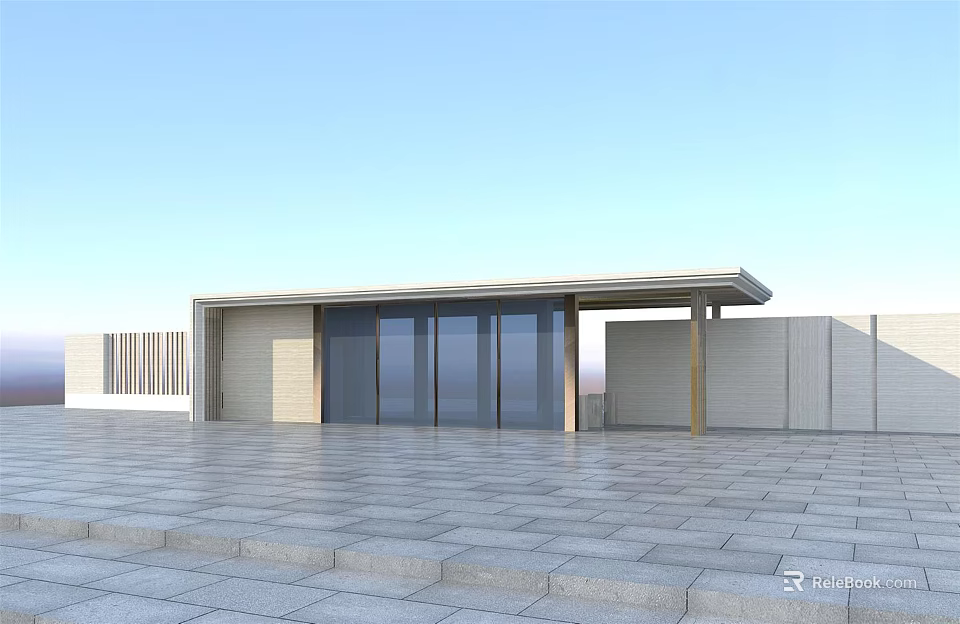 Modern Entrance Gate Design With Glass Panel Doors Stone Walls And Flat Roof 3d model 