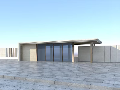 Modern Entrance Gate Design With Glass Panel Doors Stone Walls And Flat Roof 3d model