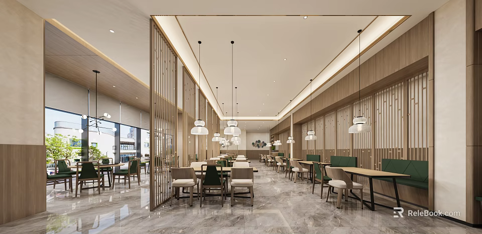 Modern Restaurant Interior With Pendant Lights Marble Flooring Wooden Screens And Comfortable Tables Chairs 3d model 