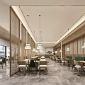 Modern Restaurant Interior With Pendant Lights Marble Flooring Wooden Screens And Comfortable Tables Chairs