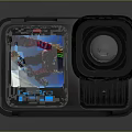 Black Action Camera With Display Screen Showing Skiing Video And Protective Case