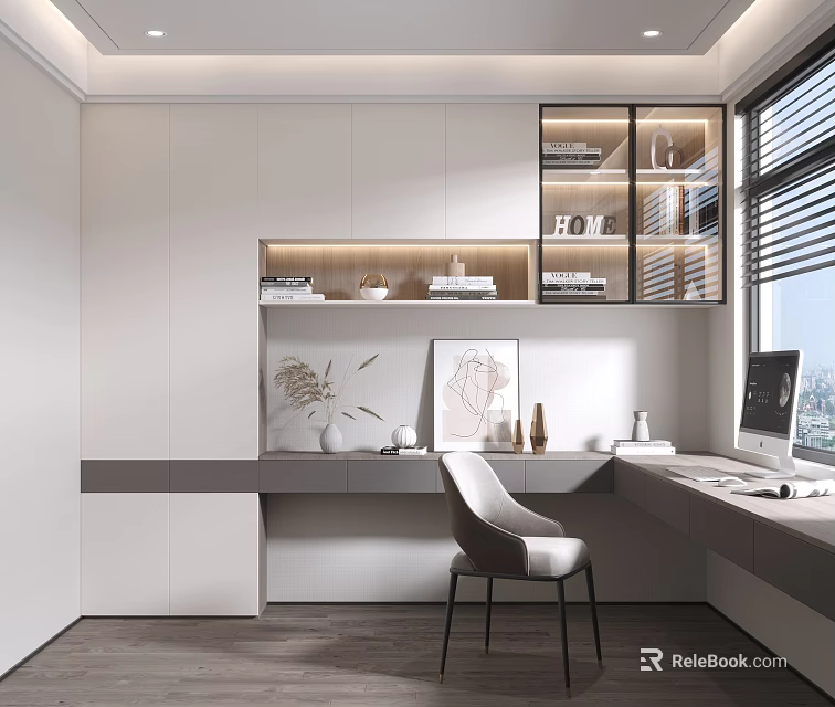 Modern Study Room Interior Design With White Gray Cabinets Desk Chair And Bookshelves 3d model 