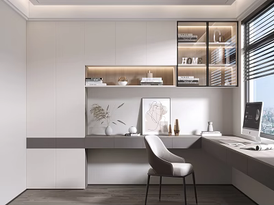 Modern Study Room Interior Design With White Gray Cabinets Desk Chair And Bookshelves 3d model