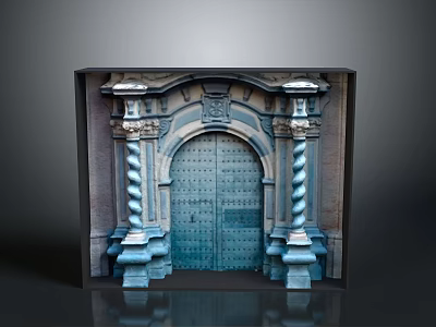 Historic Architectural Scenery Featuring Arched Deep Green Metal Door Twisted Columns And Carved Top Decoration 3d model