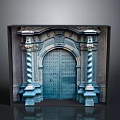 Historic Architectural Scenery Featuring Arched Deep Green Metal Door Twisted Columns And Carved Top Decoration