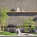 Zen Courtyard Garden With Bamboo Stone Lanterns Water Fountain Small Pine Tree And Statues