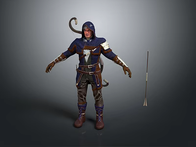Hooded Character In Blue Outfit With Brown Leather Accents And Spear 3d model
