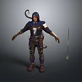 Hooded Character In Blue Outfit With Brown Leather Accents And Spear