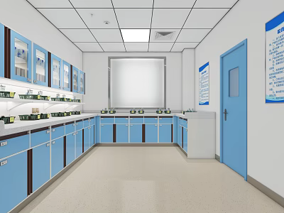 Modern Laboratory Interior With Blue Cabinets Workbenches Wall Charts And White Ceiling 3d model