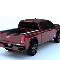 Red GMC Pickup Truck With Four Door Design And Black Wheels