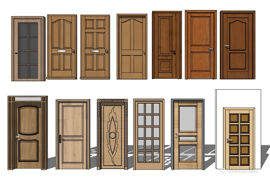 Various Swing Doors Featuring Different Wooden And Glass Panel Design Styles 3d model