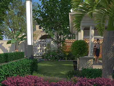 Beautiful Garden Landscape Design With Green Lawn Neatly Trimmed Shrubs Purple Flowers And White Gate 3d model