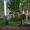 Beautiful Garden Landscape Design With Green Lawn Neatly Trimmed Shrubs Purple Flowers And White Gate