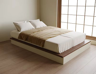 Single Bed With White Pillows Brown Blanket Wooden Frame Near Large Window In Bright Room 3d model