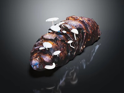 Root Vegetable In Pine Cone Shape With Small White Mushrooms On Dark Roasted Surface 3d model