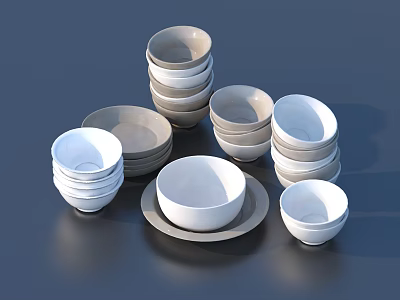 Dinnerware Set With Stacked White And Gray Bowls And Various Sizes Plates 3d model