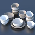 Dinnerware Set With Stacked White And Gray Bowls And Various Sizes Plates