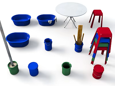 Diverse Furniture Collection With White Round Table Red Stool And Colorful Foldable Chair 3d model