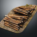 Natural Wood Logs Stacked On Rustic Stone Base With Green Moss Accents