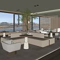 Modern Elegant Lounge Area with Large Windows City View Beige Sofas Green Plant Wooden Screen