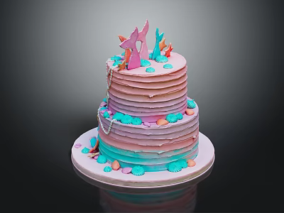 Two Tier Rainbow Colored Frosting Cake With Pink Mermaid Tail Coral Decorations And Colorful Accents 3d model