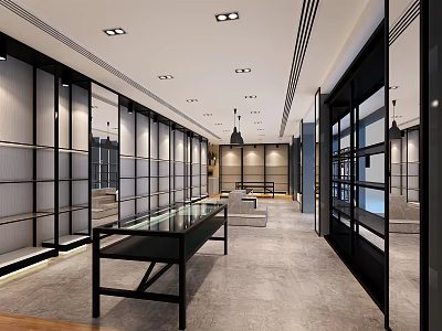 Modern Retail Store Interior With Glass Display Cases Shelves And Bright Lighting 3d model