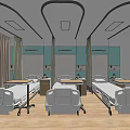 Modern Hospital Ward Interior With White Beds Wooden Flooring And Blue Walls