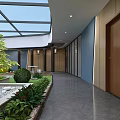 Indoor Lobby Space Featuring Glass Skylight Lush Garden Plants And Stones