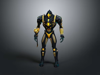Futuristic Armored Character Design With Black Gold Armor And Yellow Accents 3d model