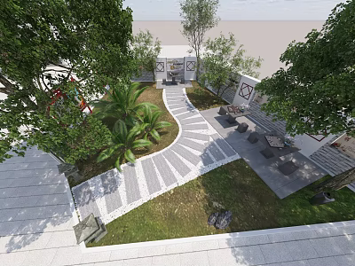 Serene Garden Landscape Design With Winding Pathway Stone Seating And Lush Greenery 3d model