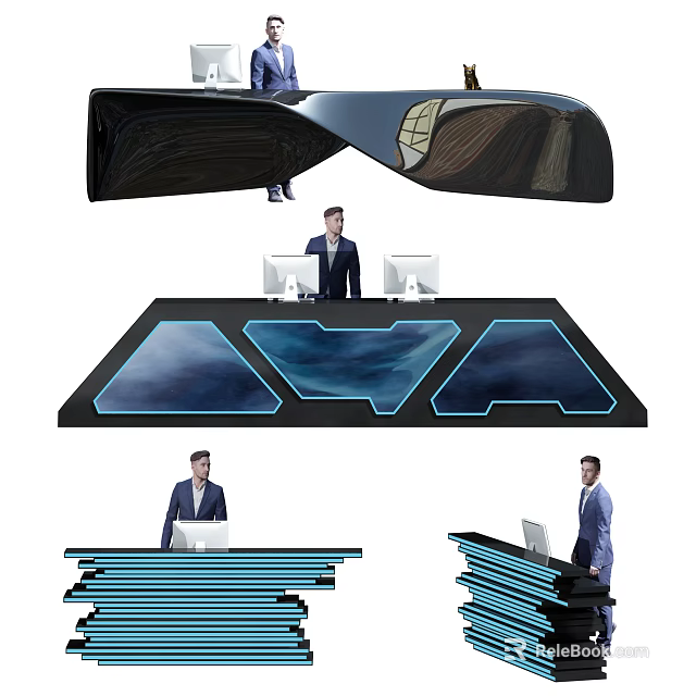 Modern High Tech Reception Desk With Blue LED Lights And Professional Staff 3d model 