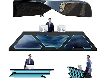 Modern High Tech Reception Desk With Blue LED Lights And Professional Staff 3d model