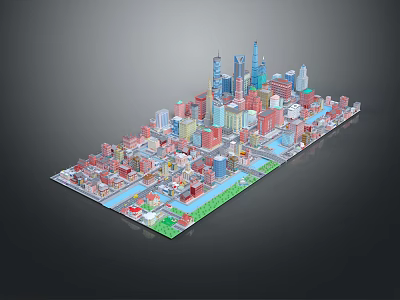 Cartoon City Model With Colorful Buildings Skyscrapers Rivers And Green Spaces 3d model