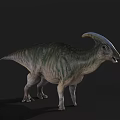 Realistic 3D Crested Dinosaur With Green Brown Stripes Standing On Black Background