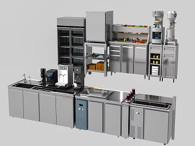 Stainless Steel Cabinets In Modern Commercial Kitchen With Worktops Sinks And Appliances 3d model