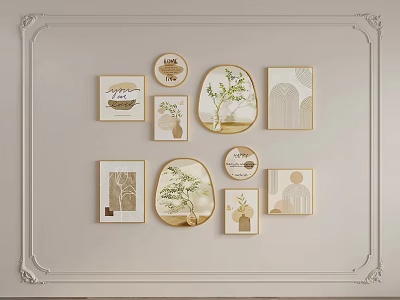 Minimalist Oil Paintings Wall Decor With Plants And Geometric Patterns 3d model