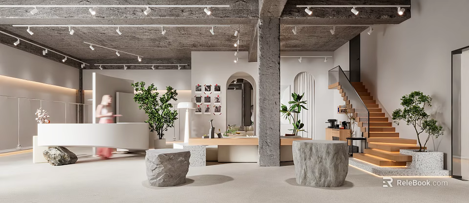 Modern Minimalist Clothing Store Interior With Exposed Concrete And Warm Natural Decor Elements 3d model 