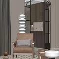 Modern Dining Living Room With Brown Armchair Gray Cushion White Pendant Light And Wooden Partition