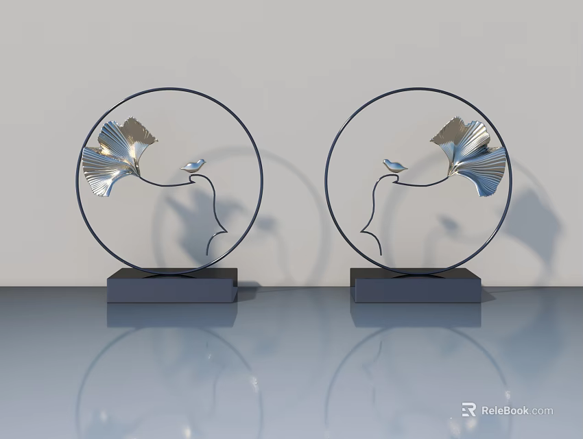 Swing Door With Metal Ginkgo Leaf And Bird Decorative Round Frames 3d model